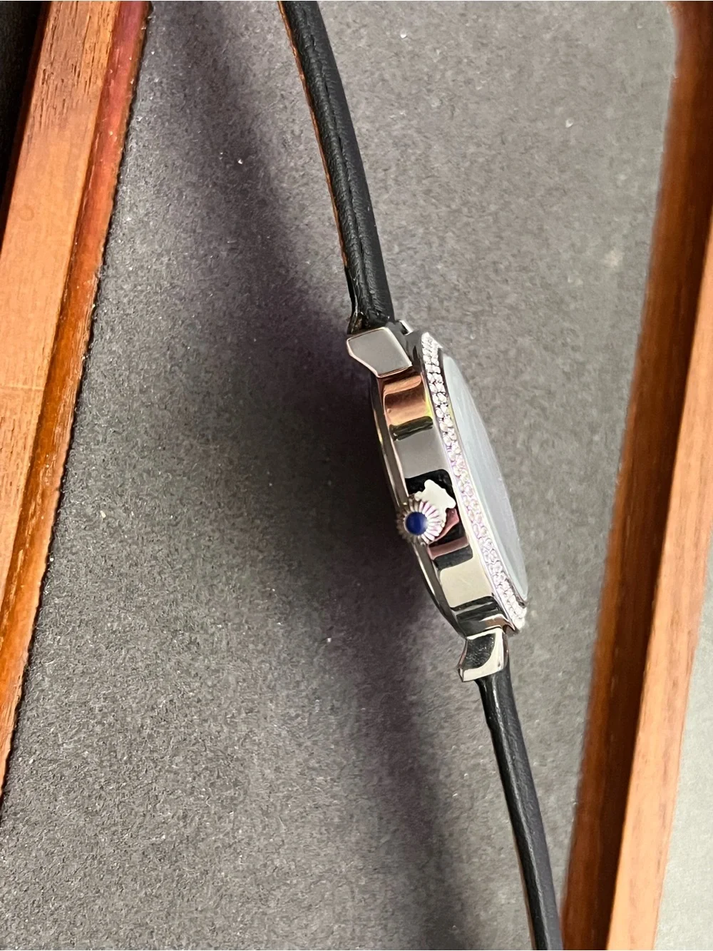 Peugeot Silver Crystal Bezel Watch with Black Strap